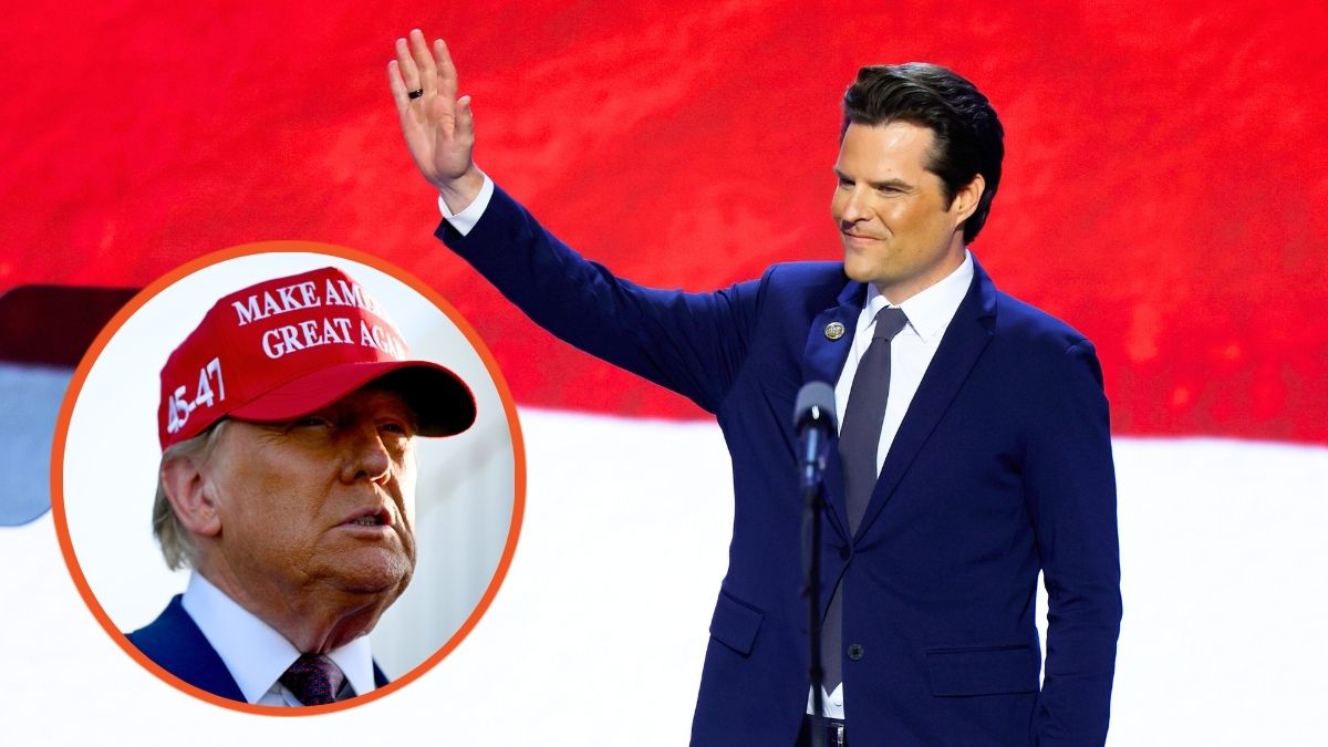 Matt Gaetz (R-FL) speaks on stage on the third day of the Republican National Convention and Doanld Trump attends a viewing of the launch of the sixth test flight of the SpaceX Starship rocket