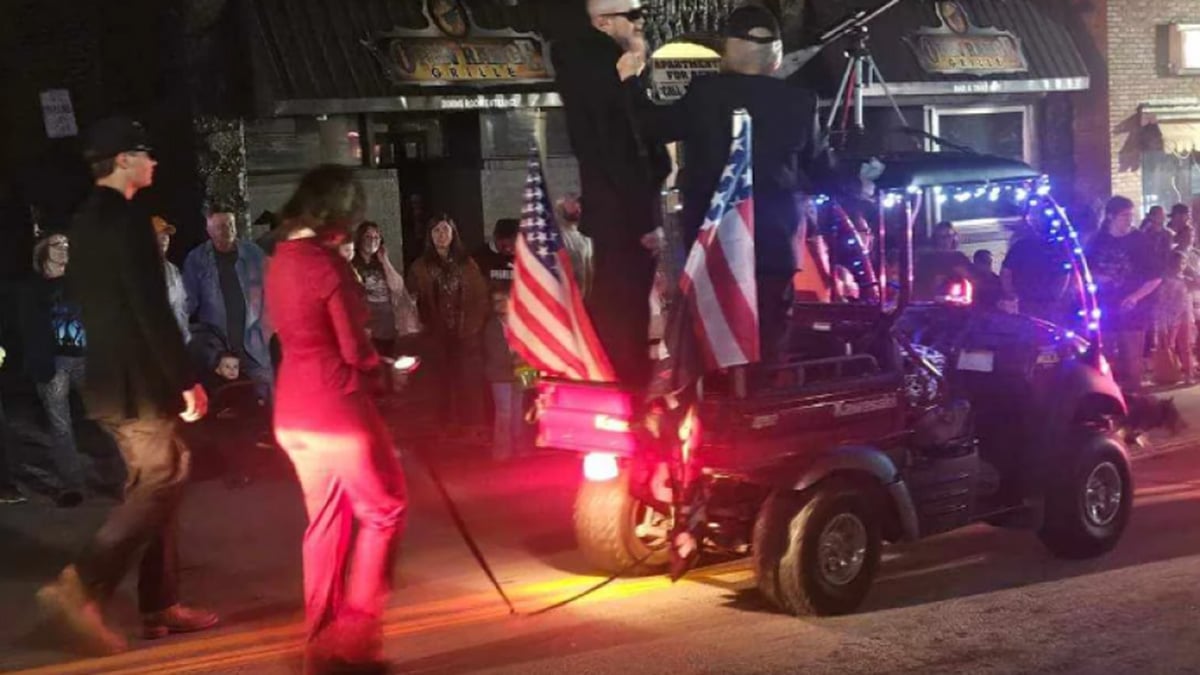 Mount Pleasant Halloween float depicting Kamala Harris in chains