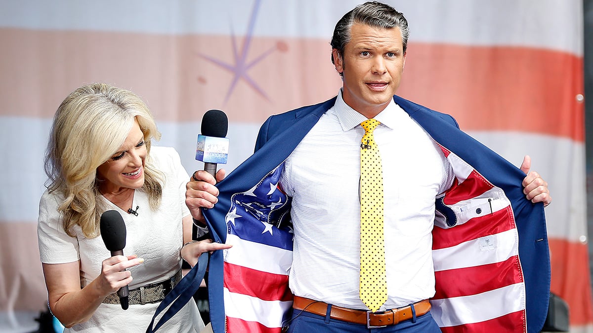 Pete Hegseth shows off his American Flag jacket liner