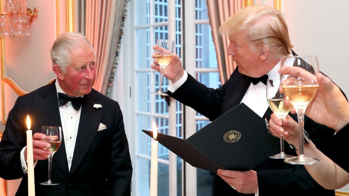 President Donald Trump (R) and First Lady Melania Trump host a dinner at Winfield House for Prince Charles, Prince of Wales (L) and Camilla, Duchess of Cornwall