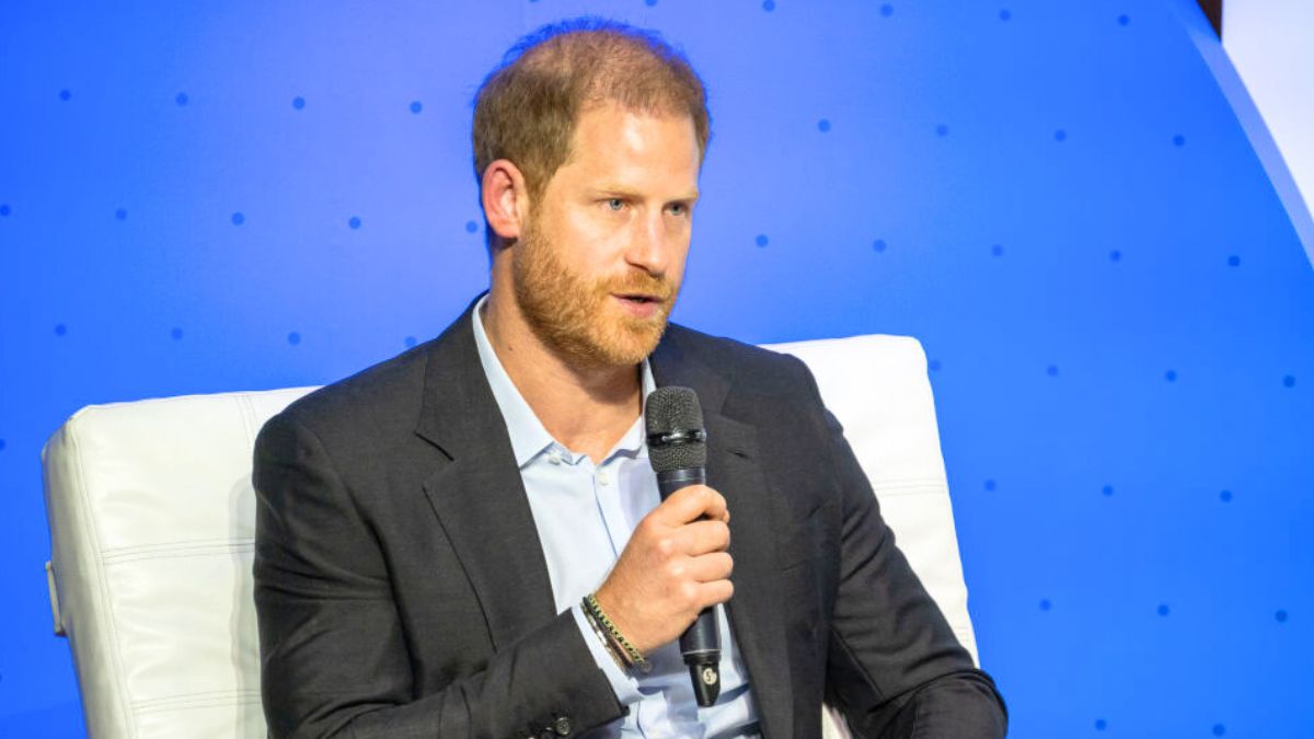 BOGOTA, COLOMBIA - AUGUST 15: Prince Harry, Duke of Sussex speaks onstage during a forum about digital responsibility at EAN University during a visit around Colombia on August 15, 2024 in Bogota, Colombia. (Photo by Diego Cuevas/Getty Images)