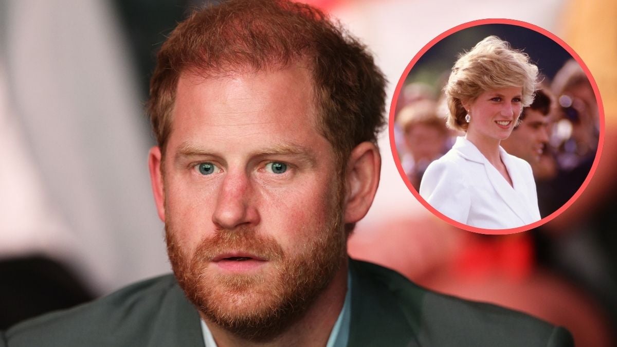 Prince Harry, Duke of Sussex watches the show during the opening ceremony of the Invictus Games Düsseldorf 2023 at on September 09, 2023 in Duesseldorf, Germany. Inset: Diana Princess of Wales watches Prince Charles playing polo at Guards Polo Club on Smiths Lawn in Windsor, Berkshire in July 1986.