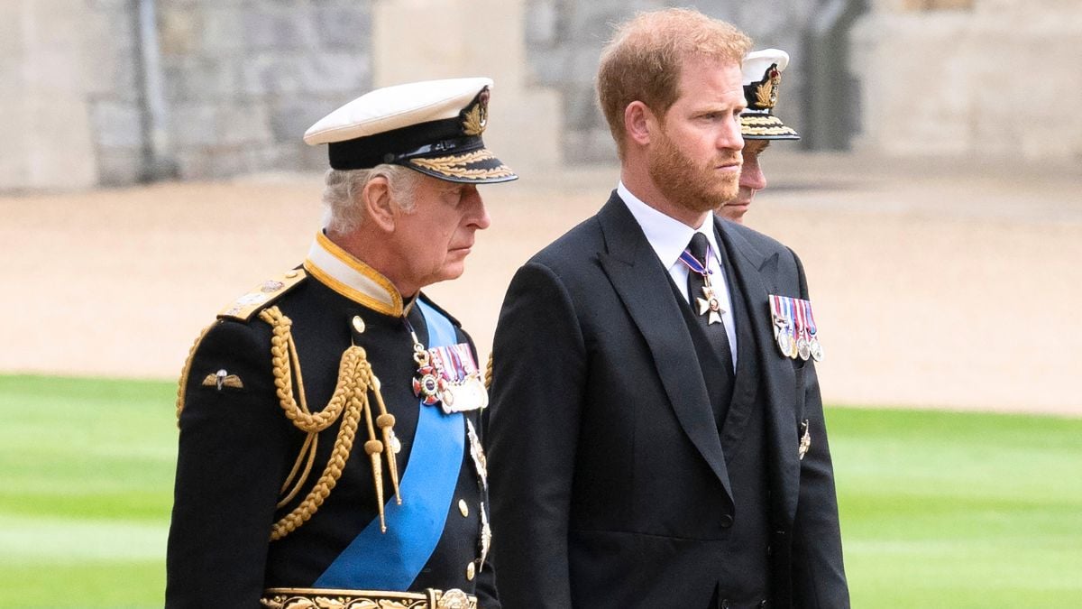 King Charles III and Prince Harry, Duke of Sussex inside Windsor Castle on September 19, 2022