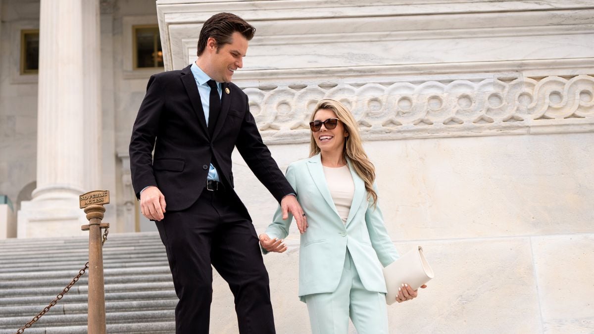 Rep. Matt Gaetz (R-FL) and his wife Ginger Luckey walk down the steps of the House of Representatives on Capitol Hill following a vote on April 19, 2024 in Washington, DC. The House has allowed a long standing international aid bill for Ukraine, Israel and Taiwan to come to a vote this weekend over objections from some Republican members. (Photo by Andrew Harnik/Getty Images)