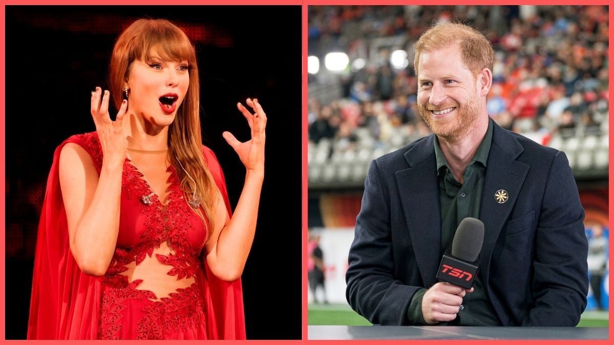 Left: Taylor Swift performs onstage during "Taylor Swift | The Eras Tour" at Lucas Oil Stadium on November 01, 2024 in Indianapolis, Indiana. Right: Prince Harry during a TV interview during pre-game festivities prior to the start of the 2024 Grey Cup at BC Place on November 17, 2024 in Vancouver, Canada.