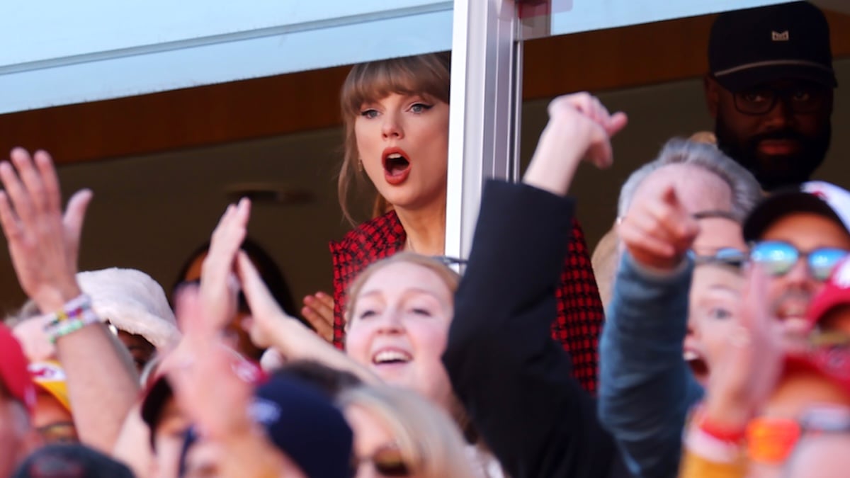 Taylor Swift reacts while watching the first half of game between the Kansas City Chiefs and the Denver Broncos at GEHA Field at Arrowhead Stadium