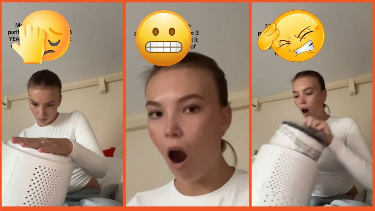 TikTok screenshots of a woman looking increasingly shocked as she inspects an air purifier