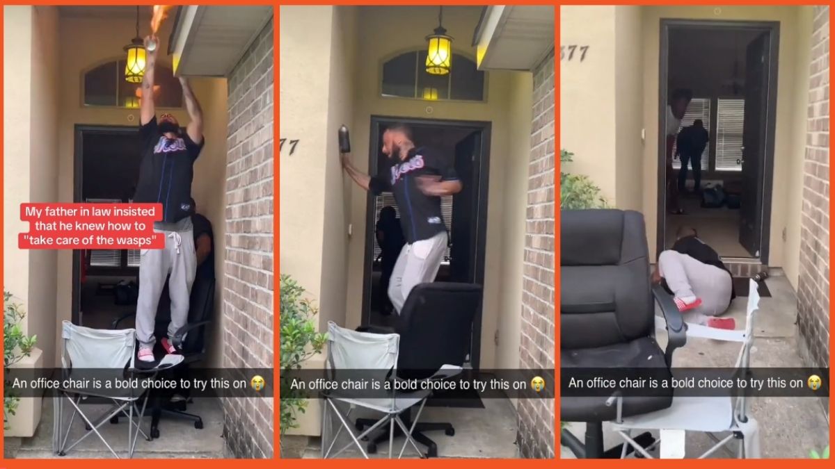 TikTok screenshots of a man falling from an office chair in front of his house.