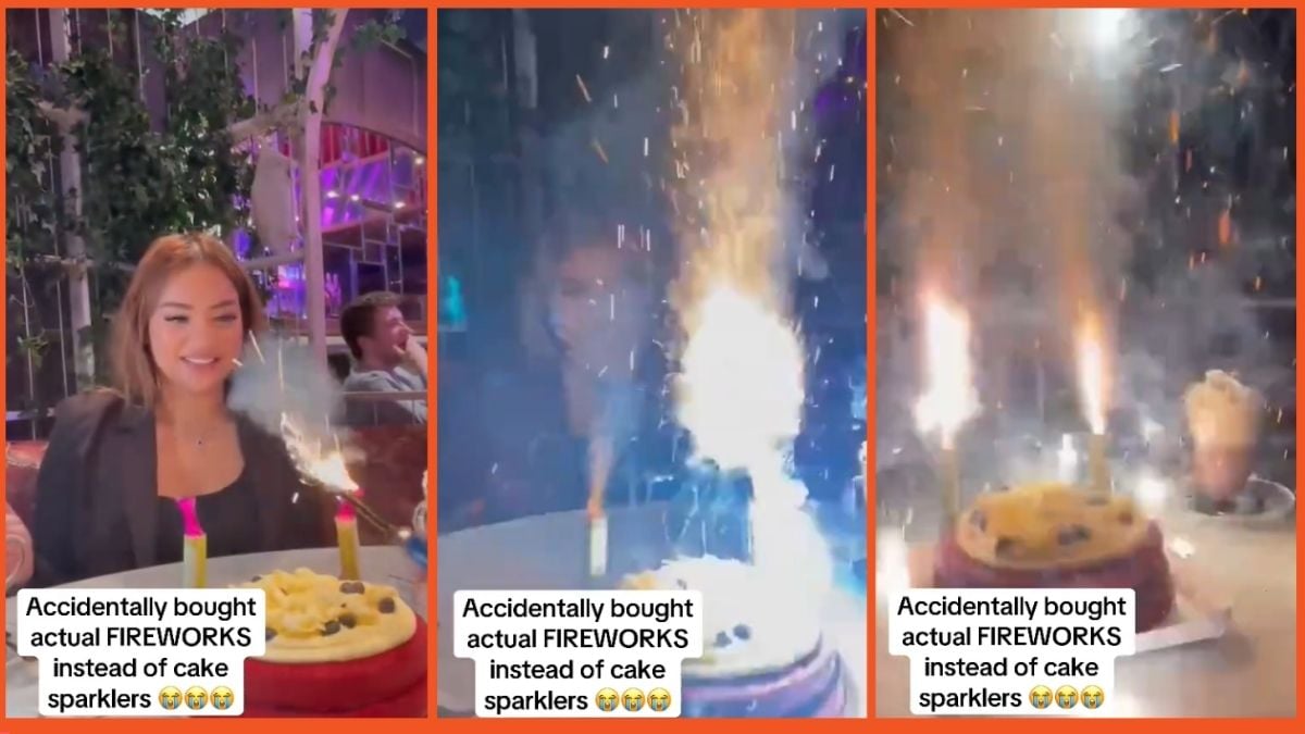 TikTok screenshots of a birthday cake topped with lit fireworks