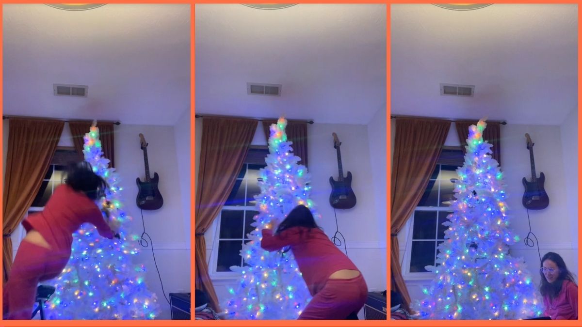 TikTok screenshots of a woman falling while decorating her Christmas tree