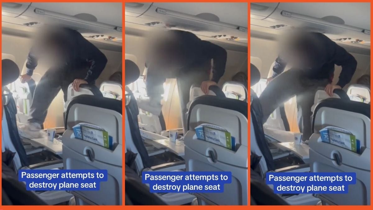 TikTok screenshots of a man kicking his seat on a United Airlines flight