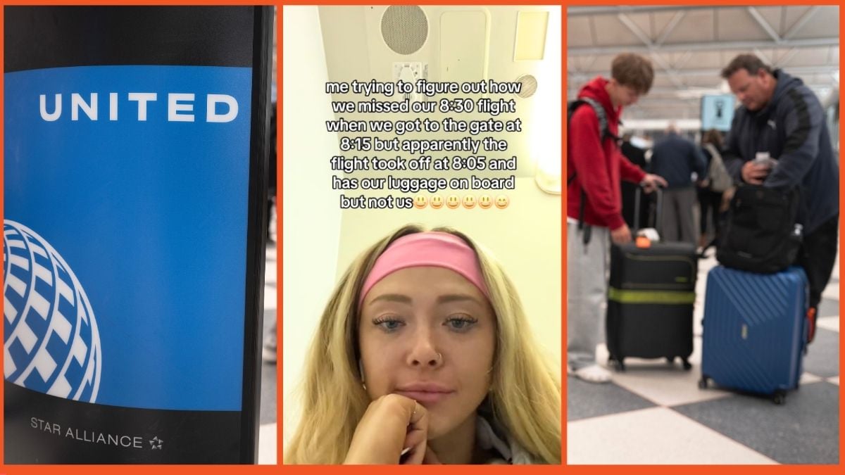 TikTok screenshot via @__ericamerica/: Passengers check in for United Airlines flights at O'Hare International Airport on January 23, 2024 in Chicago, Illinois.