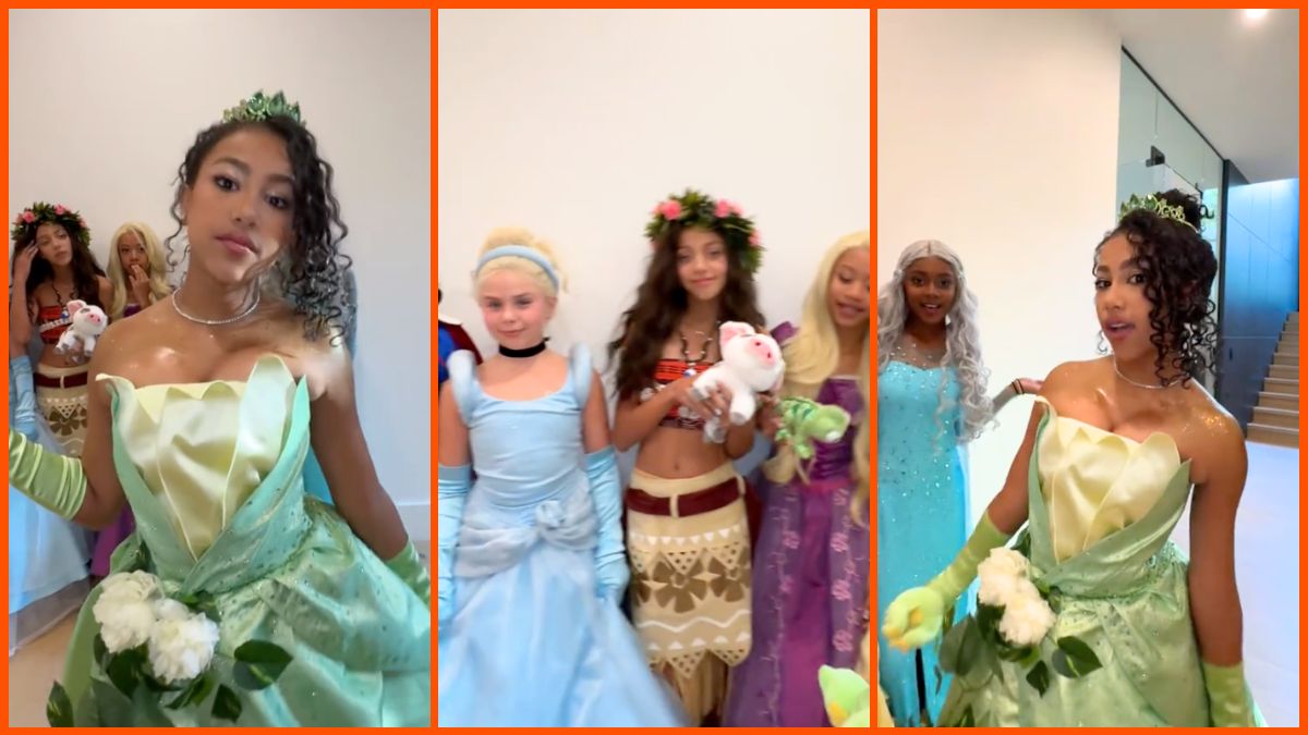 North West showing her Princess Tiana outfit on Halloween