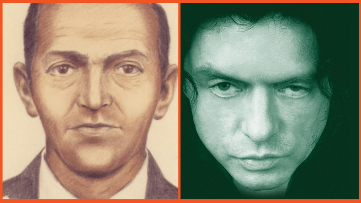 An FBI portrait of D.B. Cooper and filmmaker Tommy Wiseau