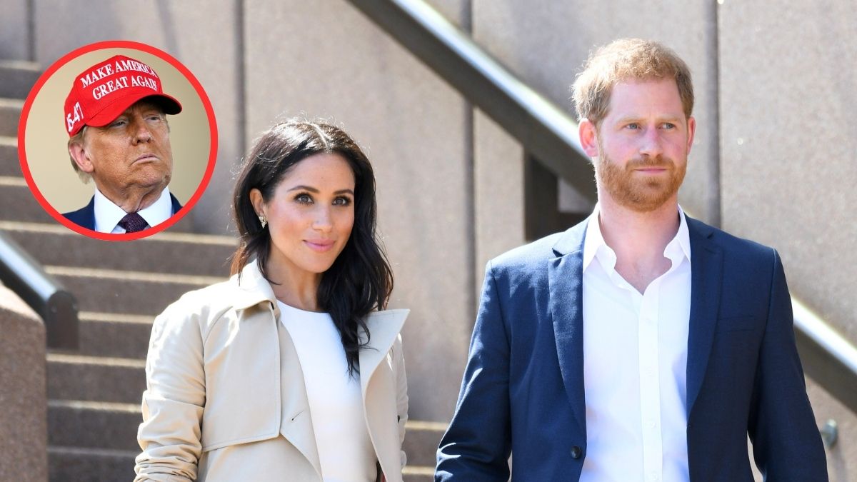 Prince Harry, Duke of Sussex and Meghan, Duchess of Sussex meet members of the public outside the Sydney Opera House on October 16, 2018 in Sydney, Australia. The Duke and Duchess of Sussex are on their official 16-day Autumn tour visiting cities in Australia, Fiji, Tonga and New Zealand. Inset: U.S. President-elect Donald Trump and Sen. Ted Cruz (R-TX) attend the launch of the sixth test flight of the SpaceX Starship rocket on November 19, 2024 in Brownsville, Texas.