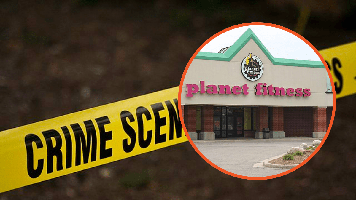 Crime scene tape Planet Fitness logo composite via Wiki Commons/Kat Wilcox/Dwight Burdette