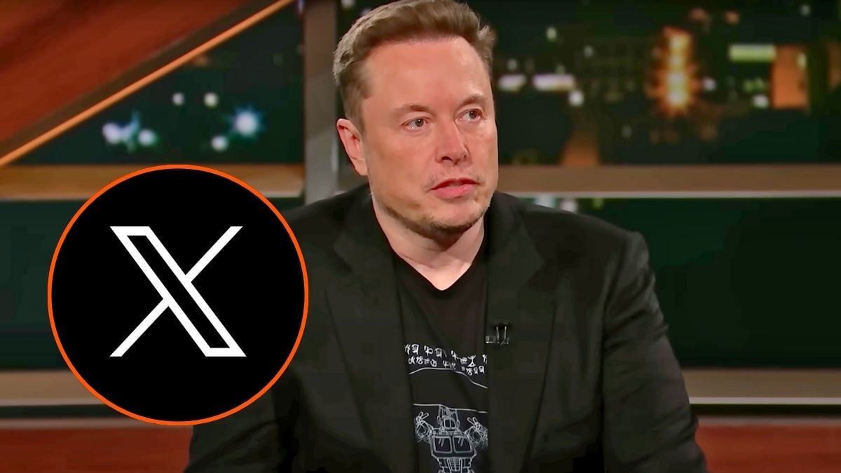 Elon Musk on Real Time with Bill Maher and the X logo.