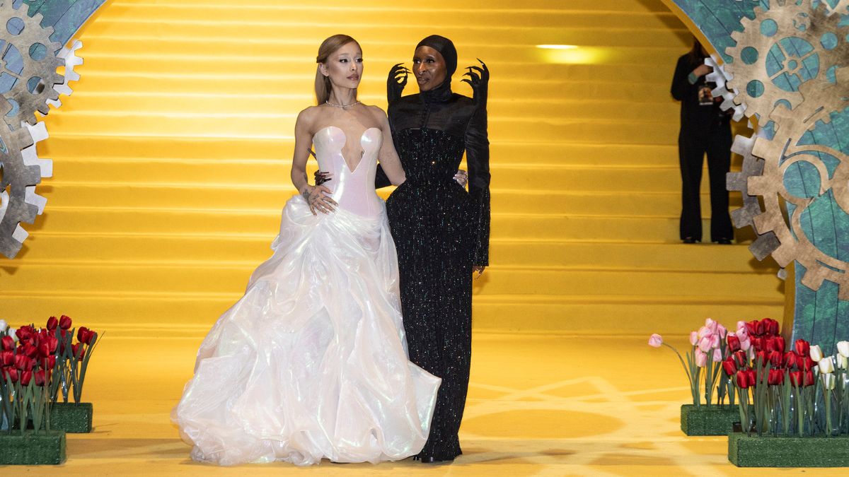 Actress Ariana Grande and Cynthia Erivo pose on the yellow carpet "Wicked: Part One" at Auditorio Nacional on November 11, 2024 in Mexico City, Mexico.