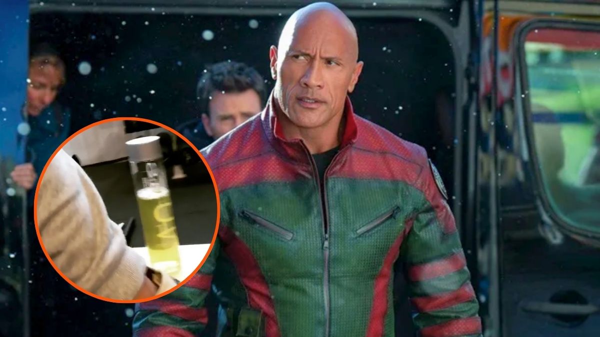 Dwayne Johnson in Red One and a screengrab of his urine in a VOSS water bottle.