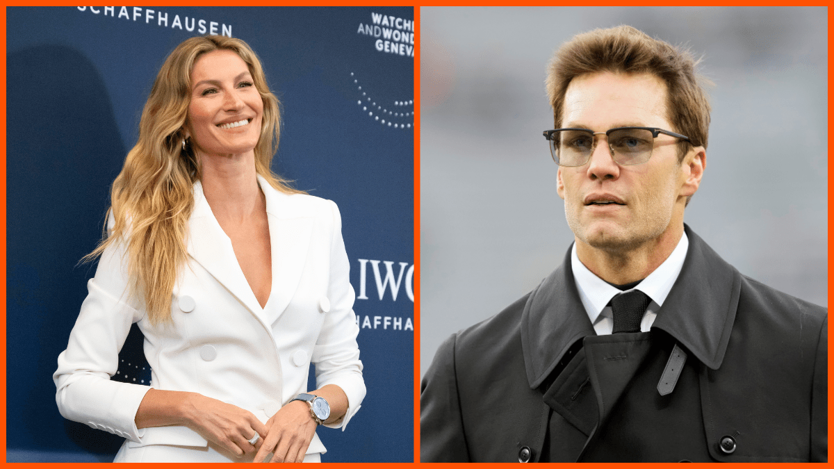 Gisele Bundchen smiling in white and Tom Brady frowning in black