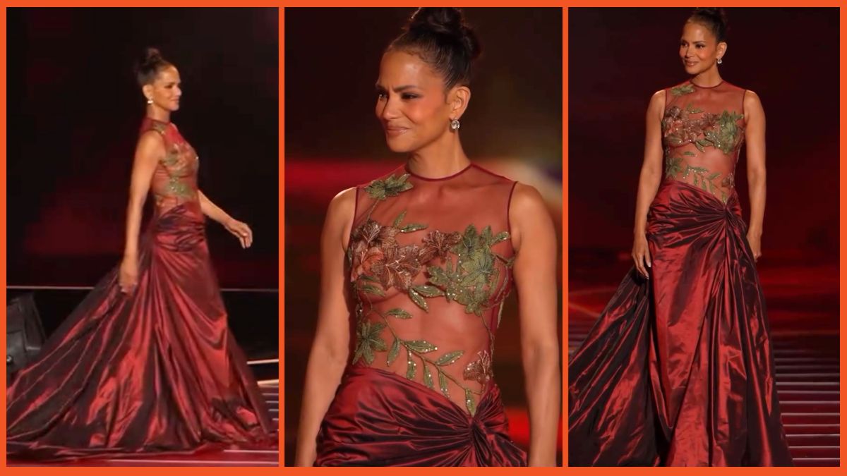 Halle Berry wearing her 2002 Oscar gown at the Elie Saab 45th anniversary The 1001 Seasons of Elie Saab