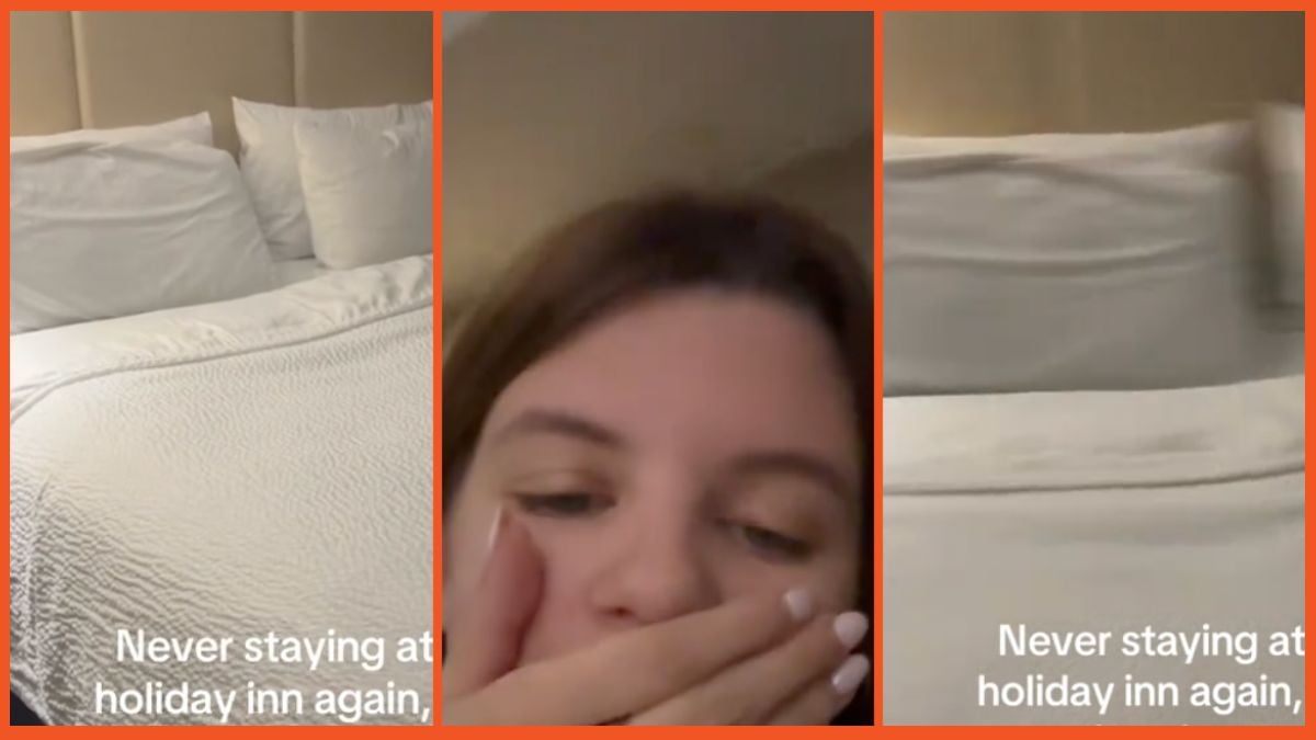 Screenshots of a white hotel bed and a girl holding her hand up to her face