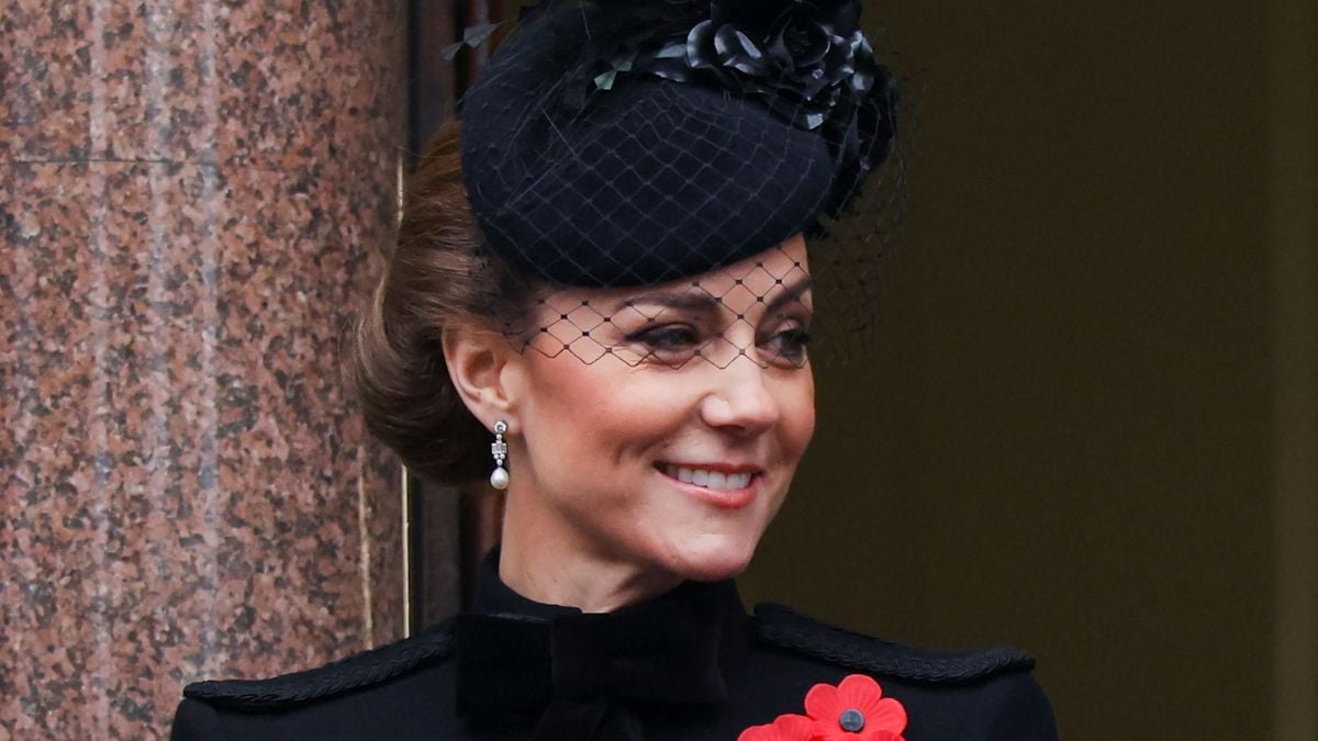 Catherine, Princess of Wales looks on from a balcony during the annual Service Of Remembrance at The Cenotaph on November 10, 2024 in London, England. Each year members of the British Royal Family join politicians, veterans and members of the public to remember those who have died in combat.