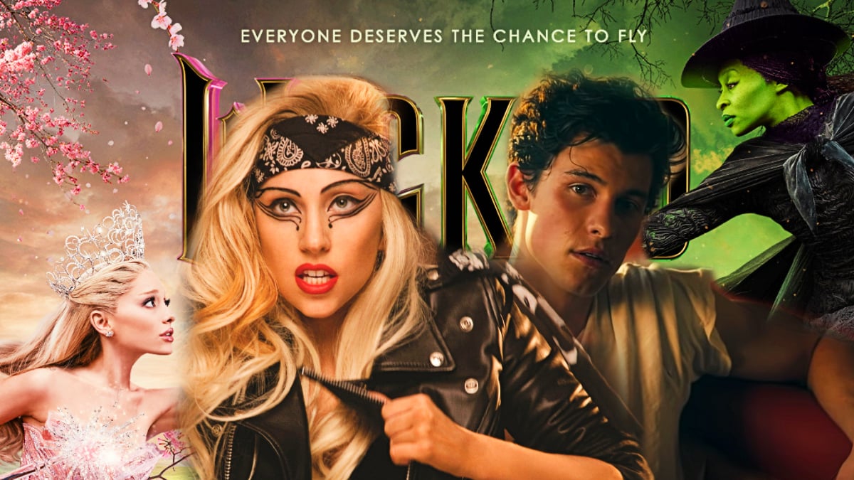 Lady Gaga from "Judas" music video and Shawn Mendes from "Señorita" music video with Wicked poster