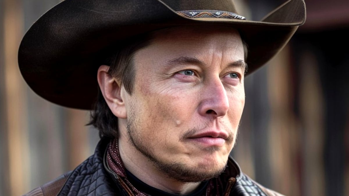 Elon Musk wearing a cowboy hat.