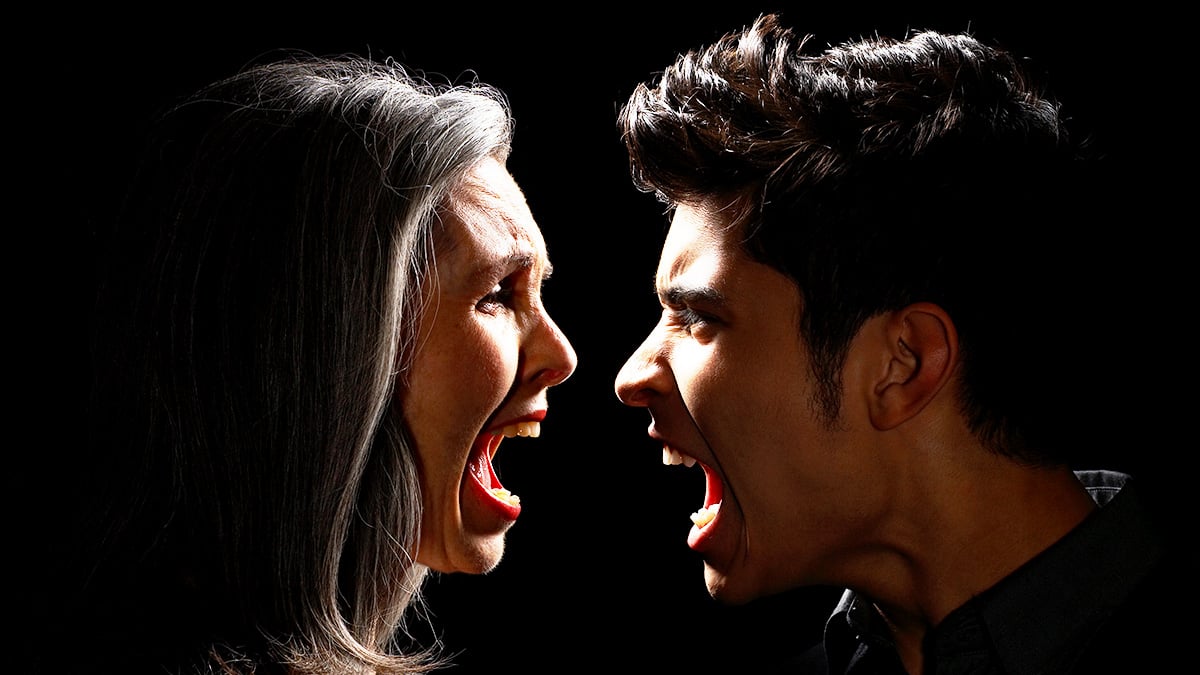 a woman and a young man scream at each other