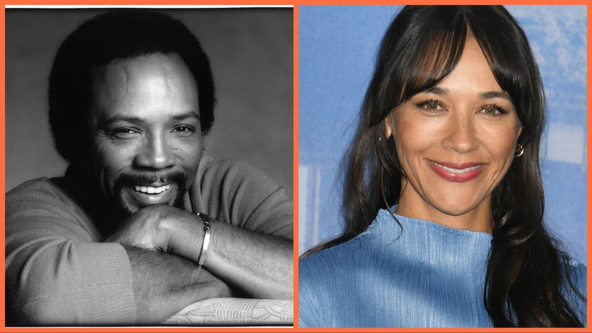 LEFT: LOS ANGELES - 1981: Musician, composer and producer Quincy Jones poses for a portrait in 1981 in Los Angeles, California. RIGHT: TOKYO, JAPAN - JUNE 25: Actress Rashida Jones attends the Apple TV+ "Sunny" photocall at Four Season Otemach on June 25, 2024 in Tokyo, Japan.