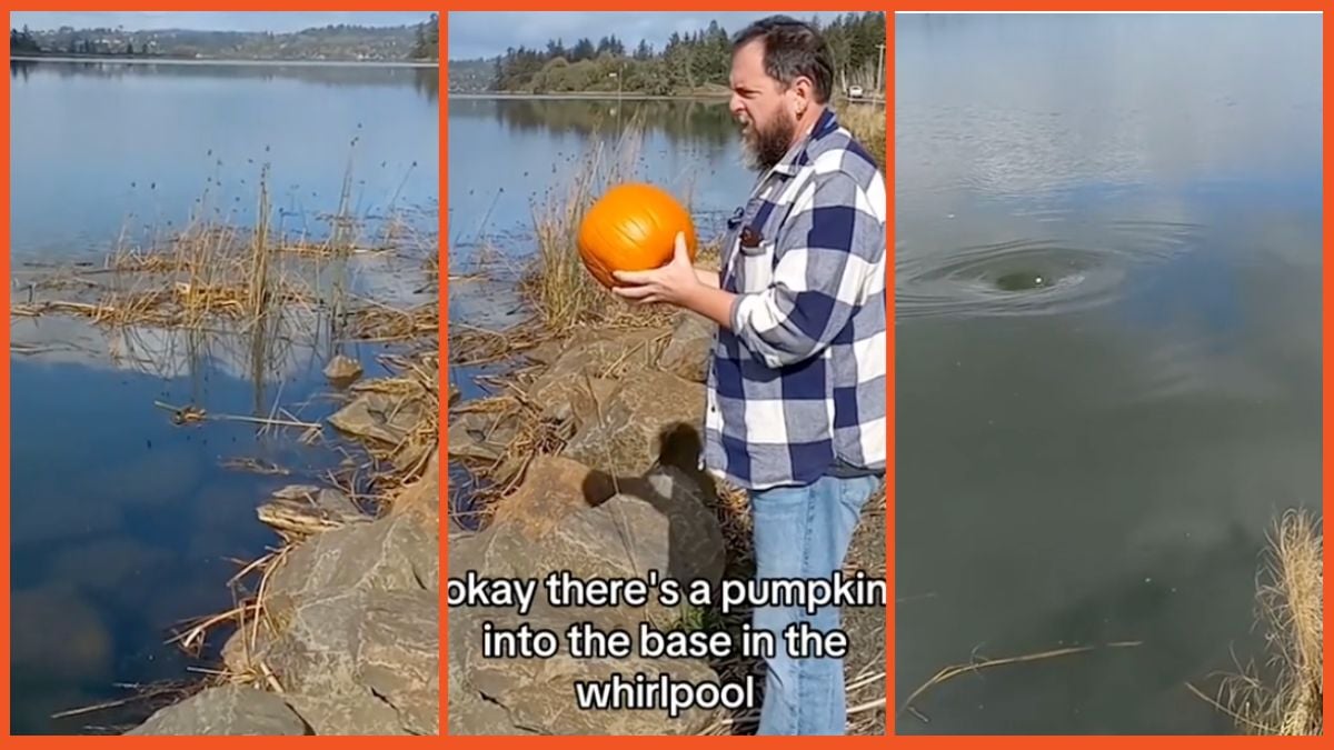 Screenshots of a TikTok video of a man holding a pumpkin and a lake