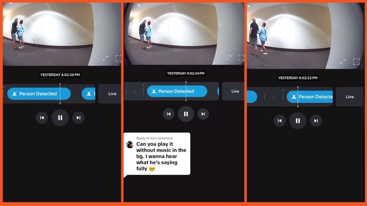 Screenshots of a ring camera picking up a man and woman's conversation