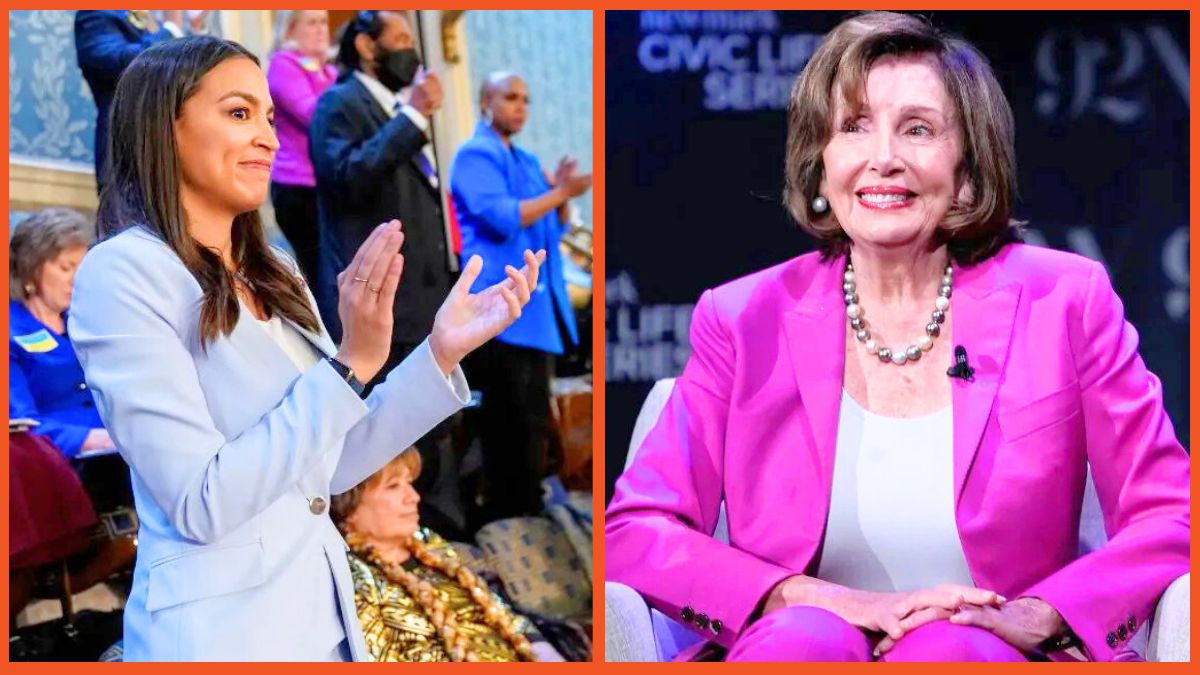 AOC-WASHINGTON, DC - MARCH 01: U.S. Rep. Alexandria Ocasio-Cortez (D-NY) claps as U.S. President Joe Biden delivers the State of the Union address flanked by Vice President Kamala Harris and House Speaker Nancy Pelosi (D-CA) during a joint session of Congress in the U.S. Capitol’s House Chamber on March 01, 2022 in Washington, DC. During his first State of the Union address, Biden spoke on his administration’s efforts to lead a global response to the Russian invasion of Ukraine, efforts to curb inflation and bringing the country out of the COVID-19 pandemic