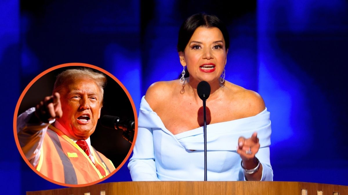 Ana Navarro speaks on stage during the second day of the Democratic National Convention and Donald Trump speaks during a campaign event at the Resch Center