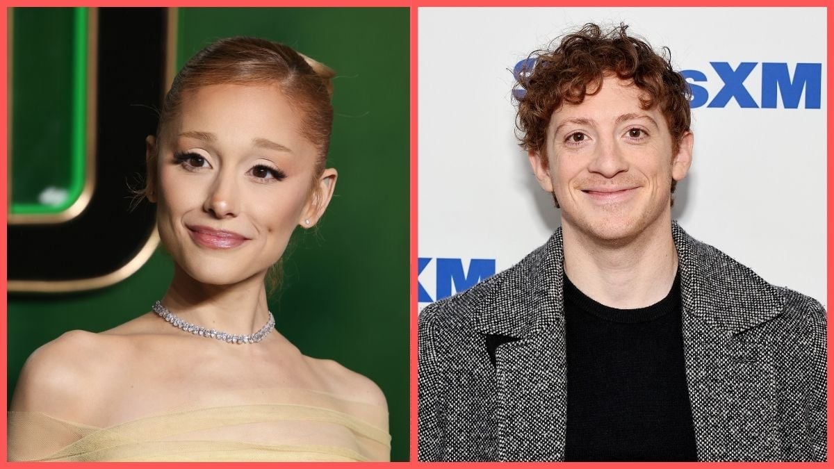 Left: Ariana Grande attends the "Wicked: Part One" European Premiere at The Royal Festival Hall on November 18, 2024 in London, England. Right: :Ethan Slater visits SiriusXM at SiriusXM Studios on November 22, 2024 in New York City.