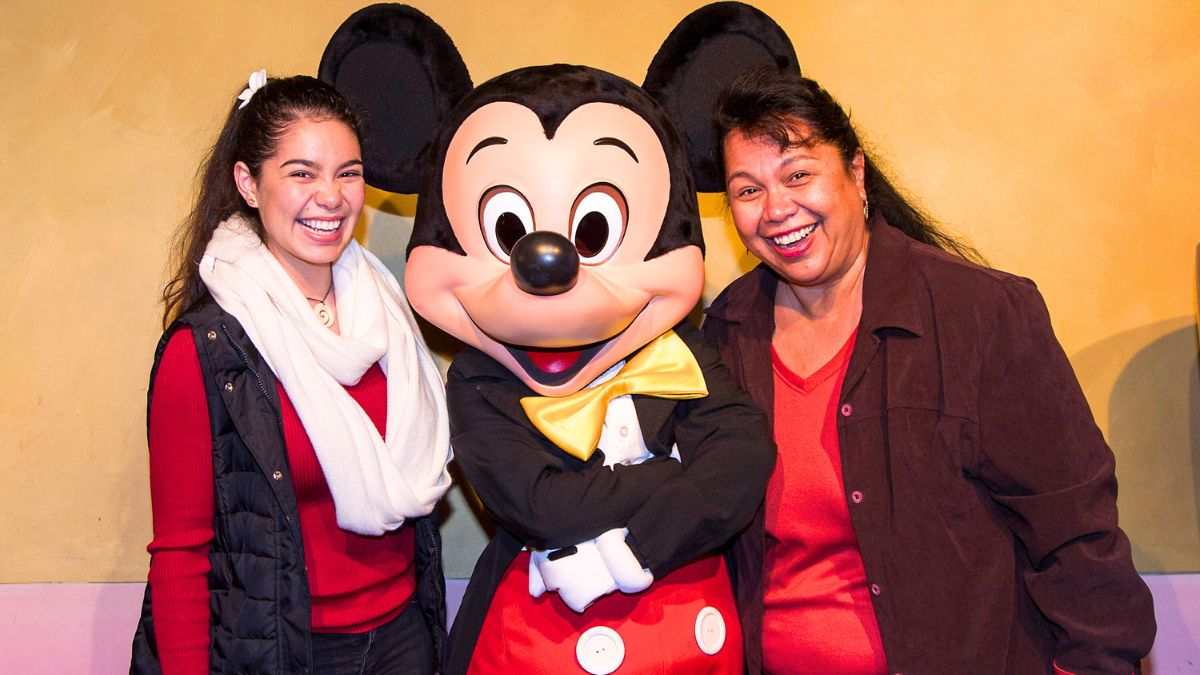 Auli'i Cravalho, who voices Moana in Walt Disney Animation Studios upcoming film Moana, and her mother Puanani Cravalho meet Mickey Mouse