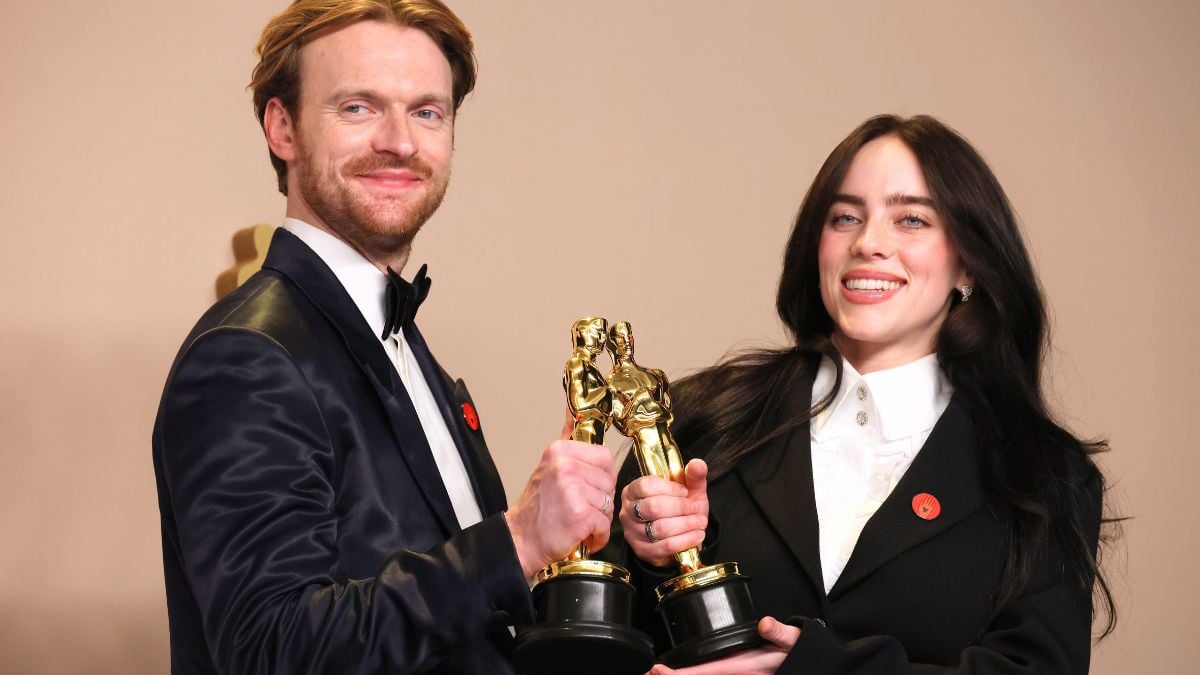 HOLLYWOOD, CALIFORNIA - MARCH 10: (L-R) Finneas O'Connell and Billie Eilish, winners of the Best Original Song award for 'What Was I Made For?' from "Barbie", pose in the press room during the 96th Annual Academy Awards at Ovation Hollywood on March 10, 2024 in Hollywood, California. (Photo by John Shearer/WireImage)