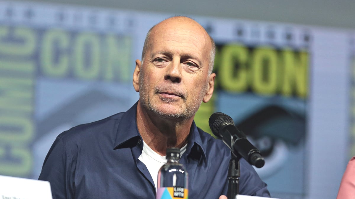 Bruce Willis speaking at the 2018 San Diego Comic Con International, for "Glass", at the San Diego Convention Center in San Diego, California.