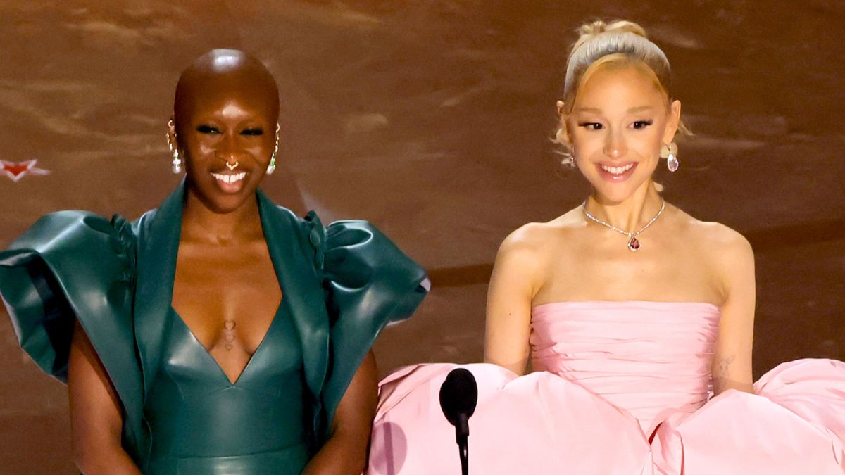 Cynthia Erivo and Ariana Grande speak onstage during the 96th Annual Academy Awards at Dolby Theatre