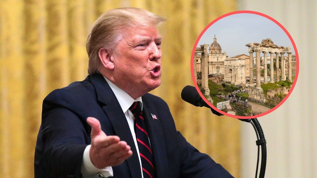 U.S. President Donald Trump speaks during a joint news conference with President Sergio Mattarella of Italy in the East Room at the White House October 16, 2019 in Washington, DC. Inset: general view of (L-R) the church of Santi Luca e Martina, the Arch of Septimius Severus, the ruins of the Temple of Saturn and - in the background - the Amphitheatrum Flavium, commonly known as Colosseum (in Italian: Colosseo), on March 31, 2024 in Rome, Italy.