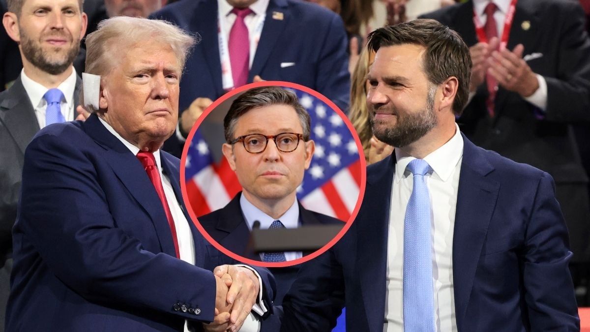 Republican presidential candidate, former U.S. President Donald Trump (L) and Republican vice presidential candidate, U.S. Sen. J.D. Vance (R-OH) appear on the first day of the Republican National Convention at the Fiserv Forum on July 15, 2024 in Milwaukee, Wisconsin. Inset: U.S. Speaker of the House Mike Johnson (R-LA) speaks during a Hanukkah reception at the U.S. Capitol Building on December 17, 2024 in Washington, DC.