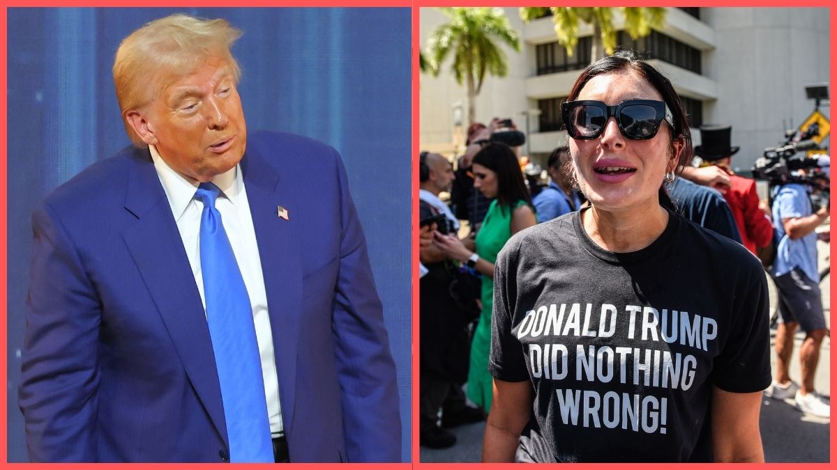 Left: U.S. President-elect Donald Trump dances after speaking during the FOX Nation's Patriot Awards at the Tilles Center on December 05, 2024 in Greenvale, New York. Right: Laura Loomer, a right wing pundit and supporter of former U.S. President Donald Trump gathers outside the Wilkie D. Ferguson Jr. United States Federal Courthouse where former President Donald Trump is scheduled to be arraigned later in the day on June 13, 2023 in Miami, Florida.