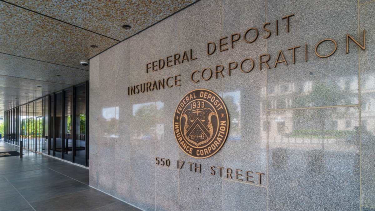 The entrance to the Federal Deposit Insurance Corporation (FDIC) is seen on August 18, 2024, in Washington, DC. 