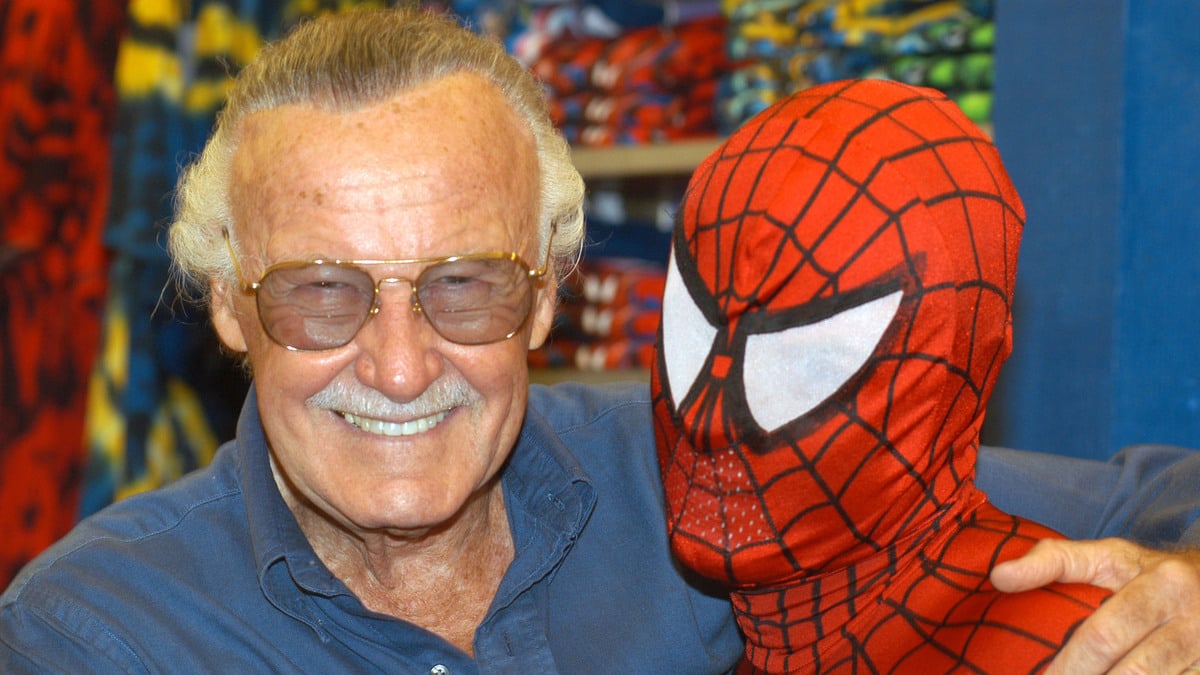 UNIVERSAL CITY, CA - AUGUST 13: Creator Stan Lee (L) poses with Spider-Man during the Spider-Man 40th Birthday celebration at Universal Studios on August 13, 2002 in Universal City, California.