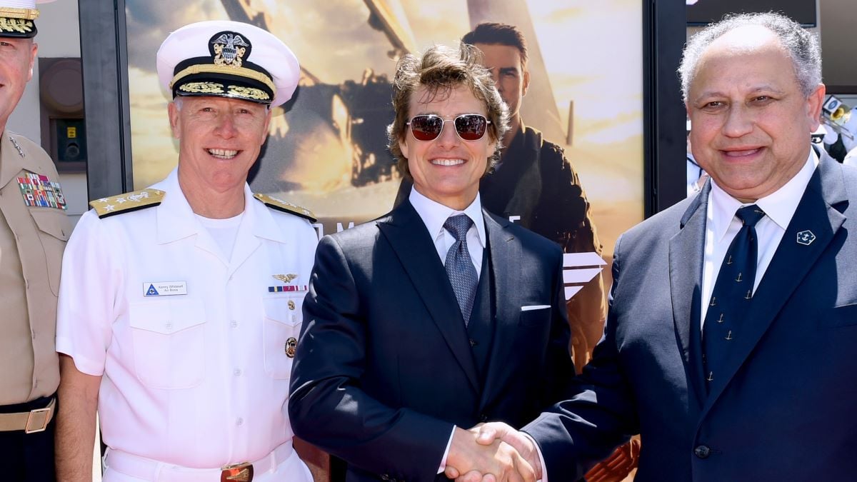 Deputy Commandant for Aviation, Headquarters Marine Corps Lieutenant General Mark R. Wise, Commander, Naval Air Forces/Commander, Naval Air Force, U.S. Pacific Fleet Vice Admiral Kenneth Whitesell, Tom Cruise, and Secretary of the Navy, the Honorable Carlos Del Toro attend the Global Premiere of "Top Gun: Maverick" on May 04, 2022 in San Diego, California. (Photo by Vivien Killilea/Getty Images Paramount Pictures)