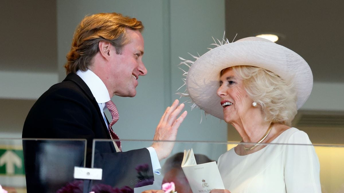 Thomas Kingston and Queen Camilla watch the racing from the Royal Box as they attend day 5 of Royal Ascot 2023 at Ascot Racecourse on June 24, 2023 in Ascot, England. (Photo by Max Mumby/Indigo/Getty Images)