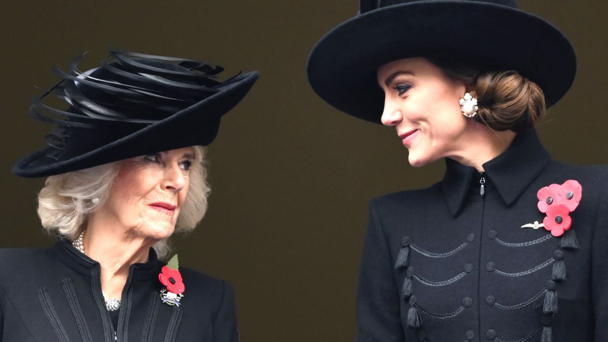 Queen Camilla and Catherine, Princess of Wales attends the National Service of Remembrance at The Cenotaph on November 12, 2023 in London, England. Every year, members of the British Royal family join politicians, veterans and members of the public to remember those who have died in combat. (Photo by Karwai Tang/WireImage)