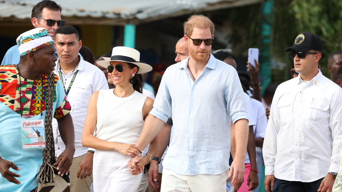 PALENQUE, COLOMBIA - AUGUST 17: Prince Harry, Duke of Sussex and Meghan, Duchess of Sussex are seen in the streets of San Basilio de Palenque during a visit around Colombia on August 17, 2024 in Cartagena, Colombia.