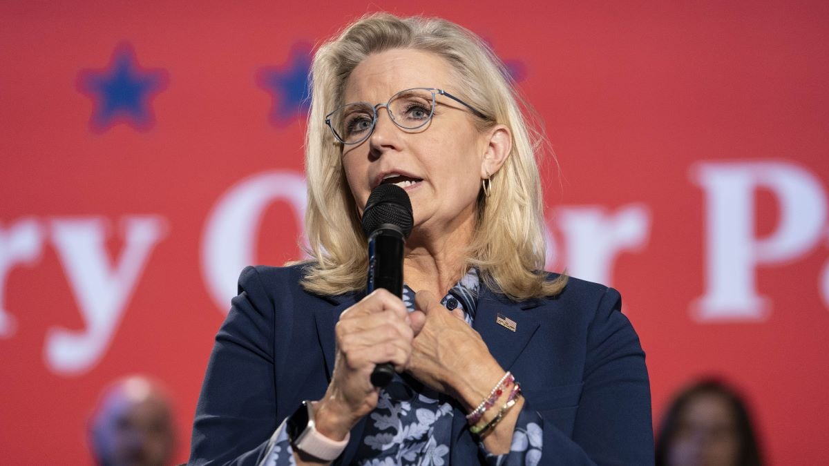 Former U.S. Rep. Liz Cheney (R-WY) speaks at a town hall with Democratic presidential nominee, Vice President Kamala Harris, at the Royal Oak Music Theatre on October 21, 2024 in Royal Oak, Michigan. Cheney joined Vice President Harris for stops Monday in Pennsylvania, Michigan and Wisconsin. (Photo by Sarah Rice/Getty Images)